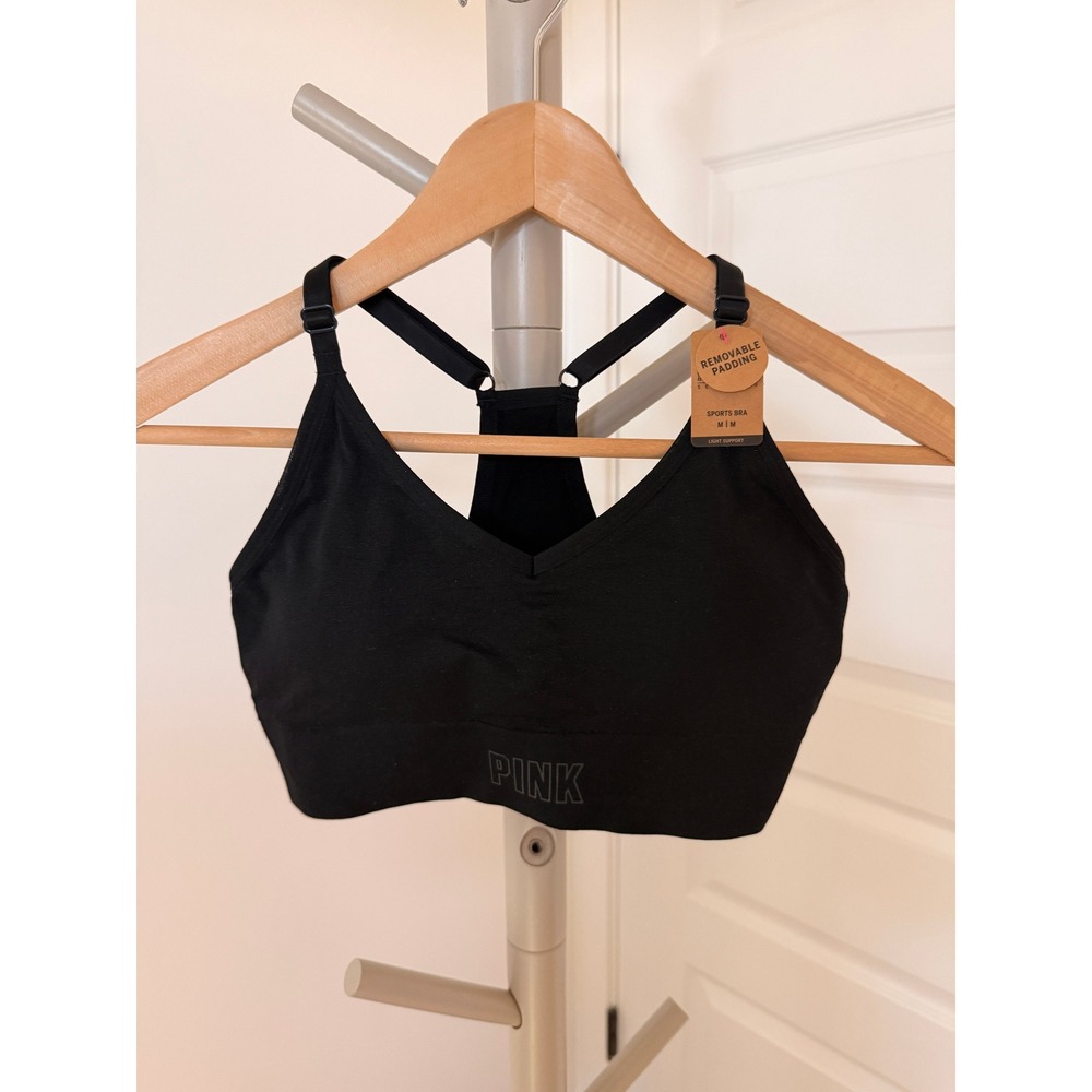 PINK Victoria's Secret Seamless Racerback Sports Bra Black M Light Support NWT